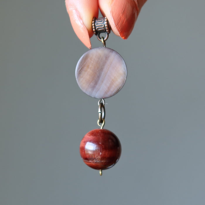 Tigers Eye Pendant Show of Courage Red Bead White Shell