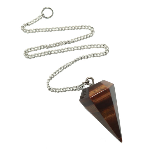 Tiger eye crystal pendulum on a silver chain against a white background