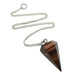 Tiger eye crystal pendulum on a silver chain against a white background