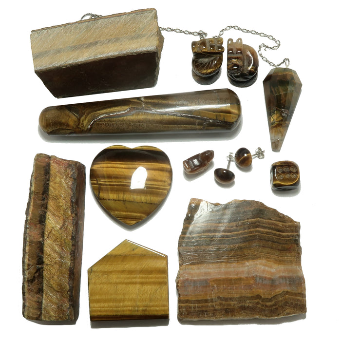 Tigers Eye Healer's Stone Bundle: Wand, Pendulum, Dragon Set of 12