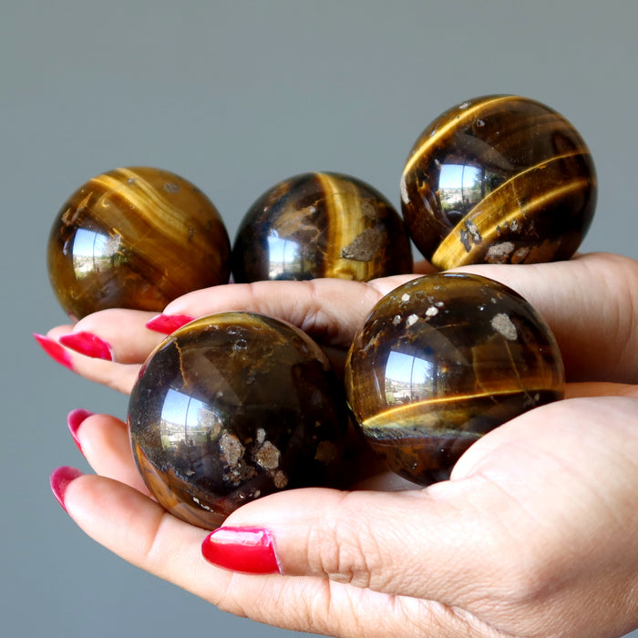 Tigers Eye Sphere Bundle of 5 Golden Brown Crystal Balls