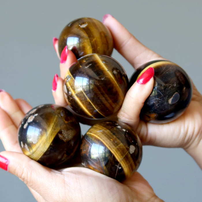 Tigers Eye Sphere Bundle of 5 Golden Brown Crystal Balls