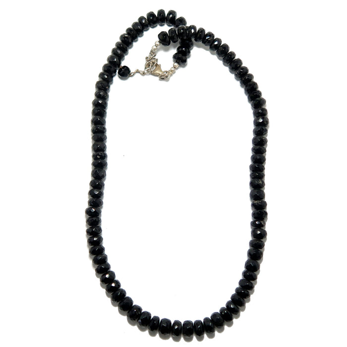 Black Tourmaline beaded necklace on a white background