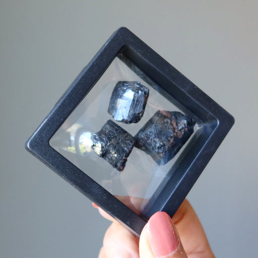 three black tourmaline stones in case