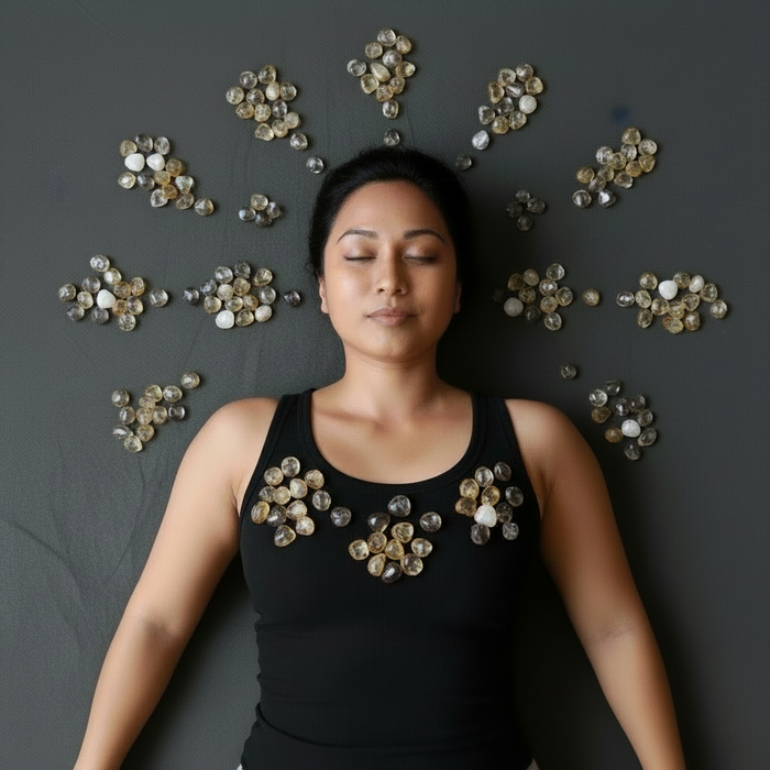 Woman with decorative stones arranged in a circular pattern above her head against a dark background