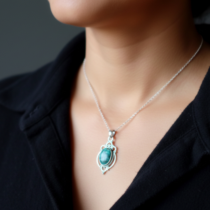 Turquoise Pendant Blue Mirror Gem Sterling Silver