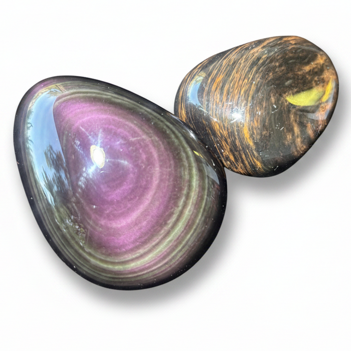 Rainbow & Mahogany Obsidian Palm Stone Set Purple Red Black