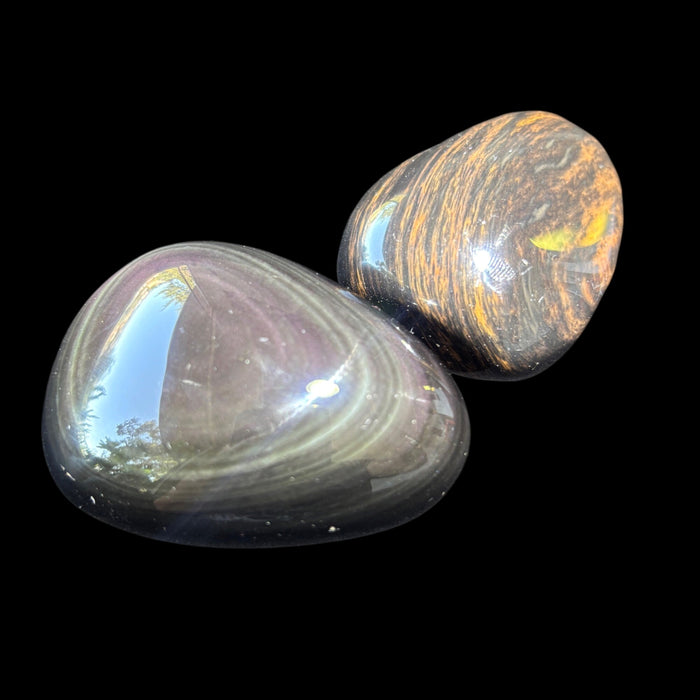Rainbow & Mahogany Obsidian Palm Stone Set Purple Red Black