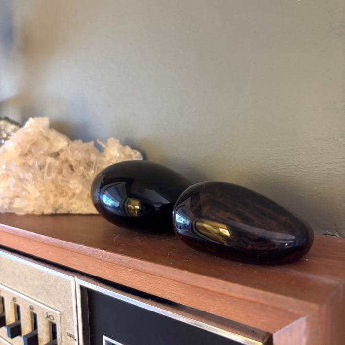 Rainbow & Mahogany Obsidian Palm Stone Set Purple Red Black