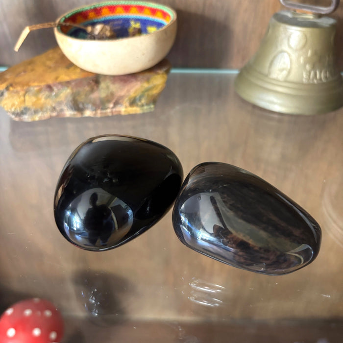 Rainbow & Mahogany Obsidian Palm Stone Set Purple Red Black