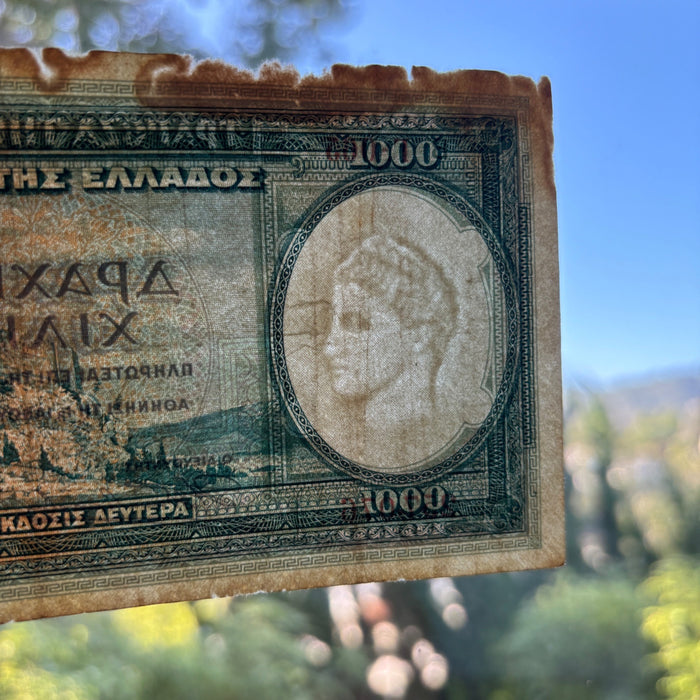 Vintage Banknote 1939 Greece 1000 Drachmai Parthenon Athena Greek Art Currency