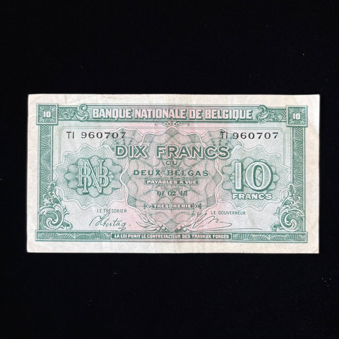Vintage Banknote 1943 WWII 10 Francs 2 Belgas Collectible Belgium War Currency
