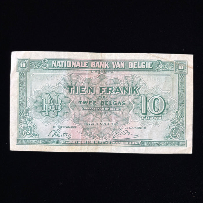 Vintage Banknote 1943 WWII 10 Francs 2 Belgas Collectible Belgium War Currency