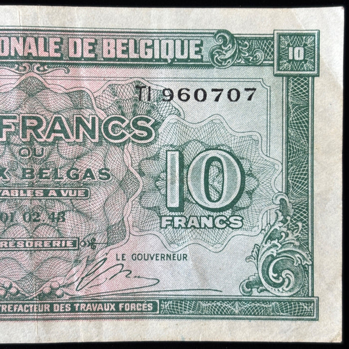 Vintage Banknote 1943 WWII 10 Francs 2 Belgas Collectible Belgium War Currency