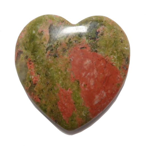 Heart-shaped unakite gemstone with green and red patterns on a white background