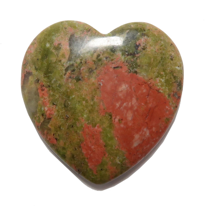 Heart-shaped unakite gemstone with green and red patterns on a white background