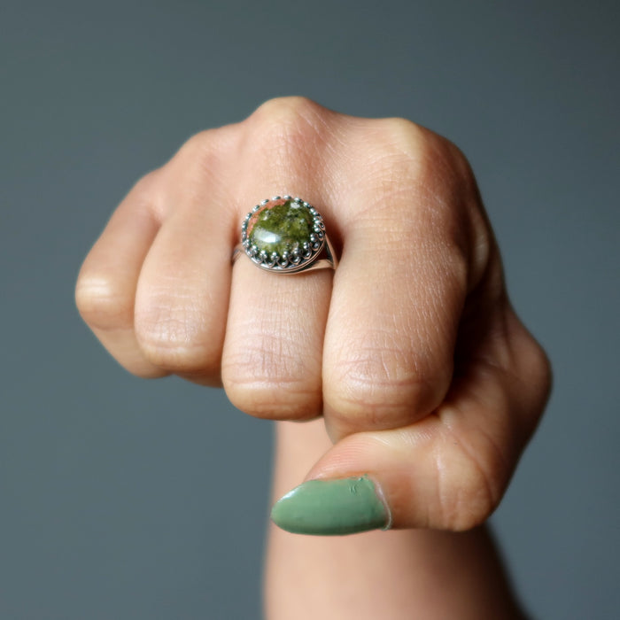 unakite sterling silver ring on finger
