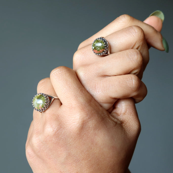 unakite sterling silver rings on hands