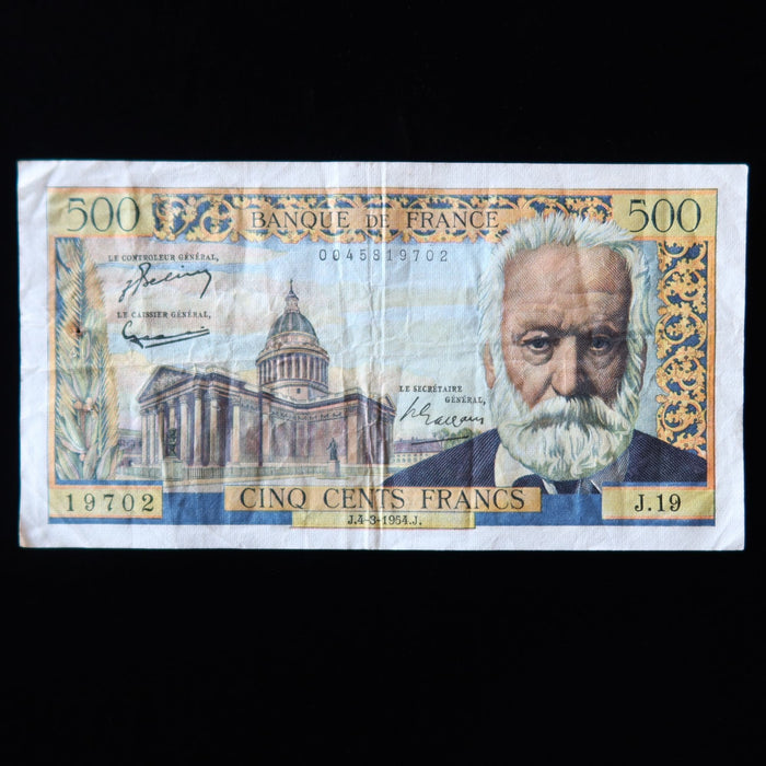 Vintage Banknote France 500 Francs 1954 French Literature Architecture Watermark