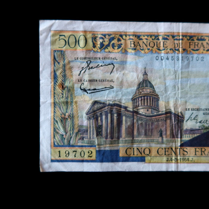 Vintage Banknote France 500 Francs 1954 French Literature Architecture Watermark