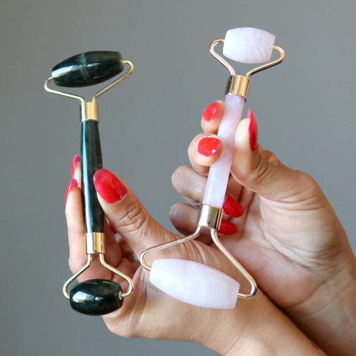 Jade and Rose Quartz Facial Roller Crystal Wand Set