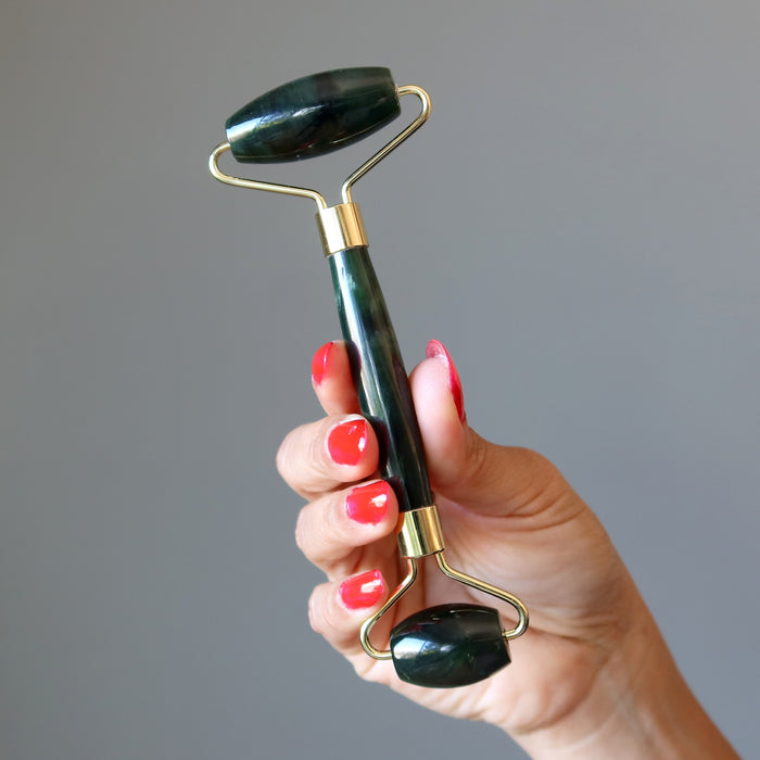 Jade and Rose Quartz Facial Roller Crystal Wand Set