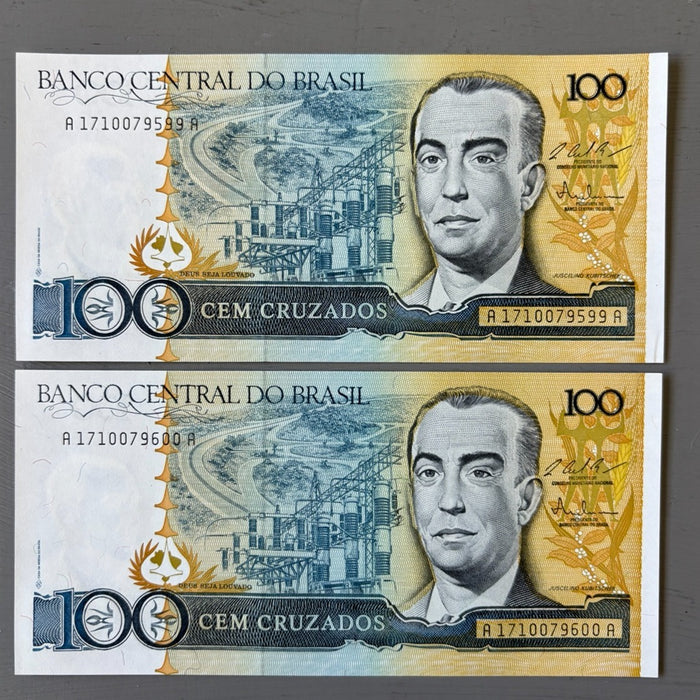 Vintage Banknote 1980s Consecutive Pair Brazil 100 Cruzados UV Watermark UNC