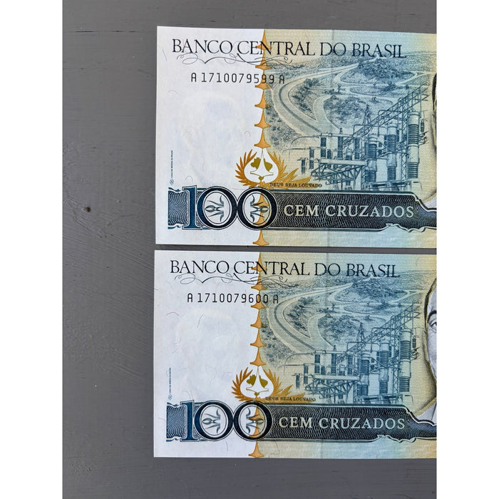 Vintage Banknote 1980s Consecutive Pair Brazil 100 Cruzados UV Watermark UNC