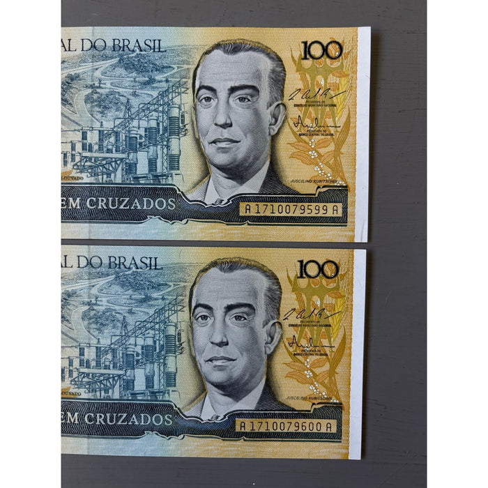 Vintage Banknote 1980s Consecutive Pair Brazil 100 Cruzados UV Watermark UNC