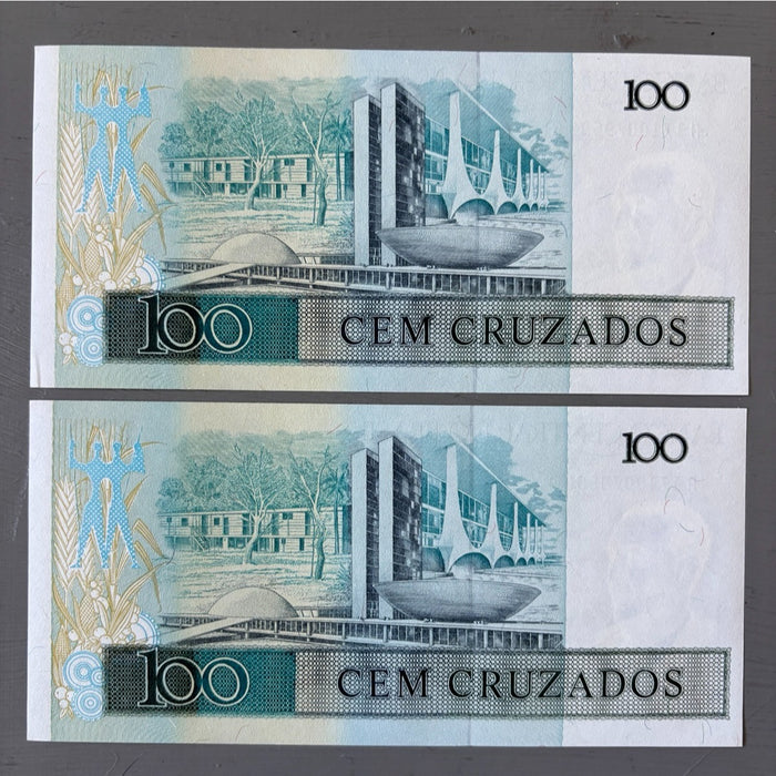 Vintage Banknote 1980s Consecutive Pair Brazil 100 Cruzados UV Watermark UNC