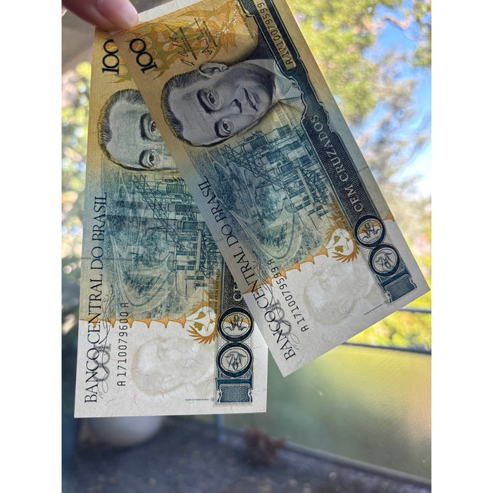 Vintage Banknote 1980s Consecutive Pair Brazil 100 Cruzados UV Watermark UNC