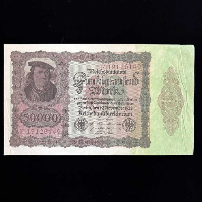 Antique Banknote 1922 Germany Weimar Hyperinflation 50K Mark Reichsbanknote AU