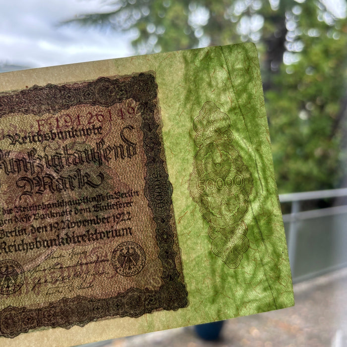 Antique Banknote 1922 Germany Weimar Hyperinflation 50K Mark Reichsbanknote AU