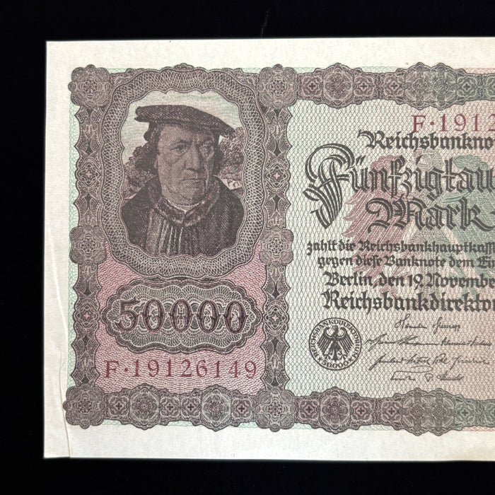 Antique Banknote 1922 Germany Weimar Hyperinflation 50K Mark Reichsbanknote AU