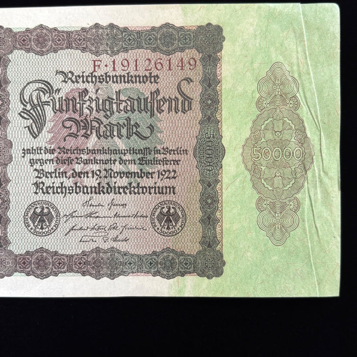 Antique Banknote 1922 Germany Weimar Hyperinflation 50K Mark Reichsbanknote AU