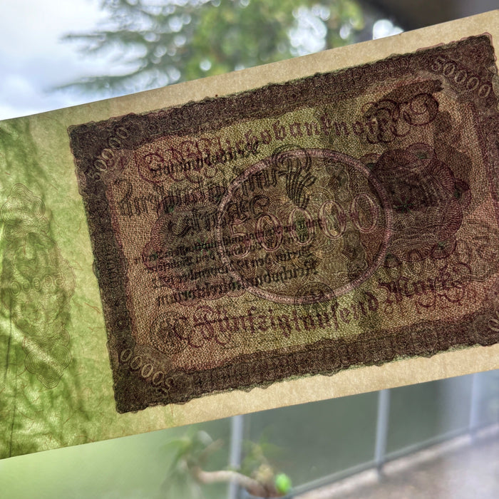 Antique Banknote 1922 Germany Weimar Hyperinflation 50K Mark Reichsbanknote AU