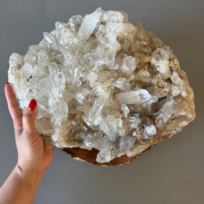 Clear Quartz Cluster Giant 31.5 Lbs Crystal Showpiece Wood Stand