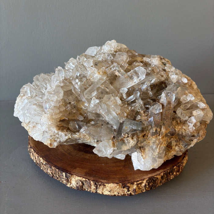 Clear Quartz Cluster Giant 31.5 Lbs Crystal Showpiece Wood Stand