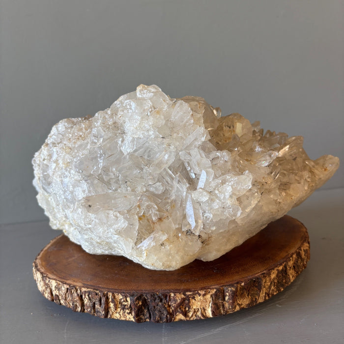 Clear Quartz Cluster Giant 31.5 Lbs Crystal Showpiece Wood Stand