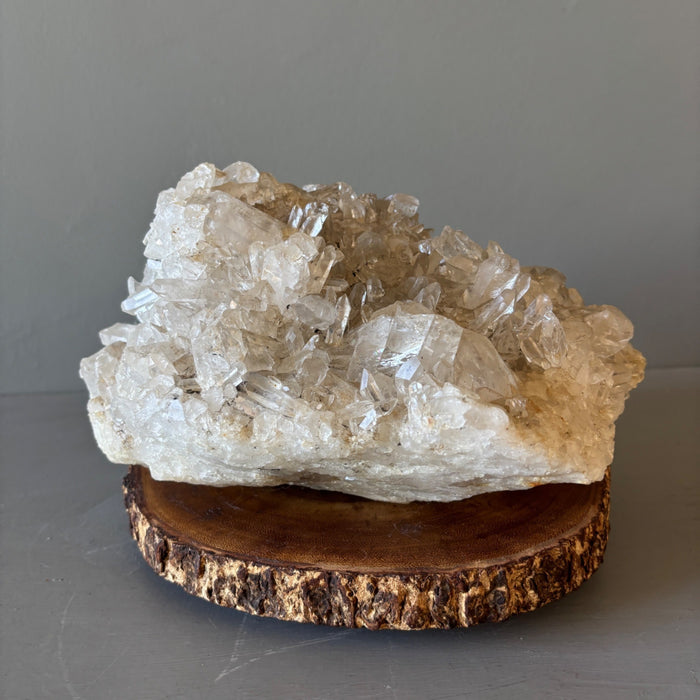 Clear Quartz Cluster Giant 31.5 Lbs Crystal Showpiece Wood Stand