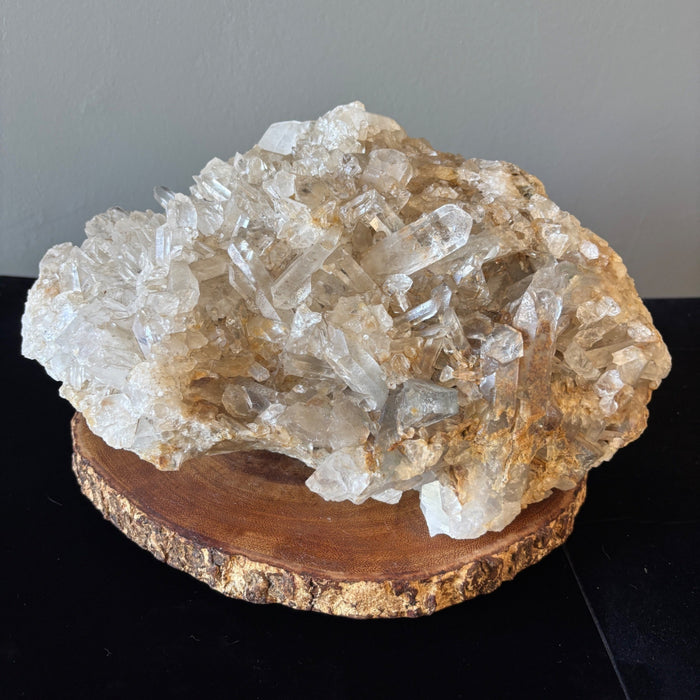 Clear Quartz Cluster Giant 31.5 Lbs Crystal Showpiece Wood Stand