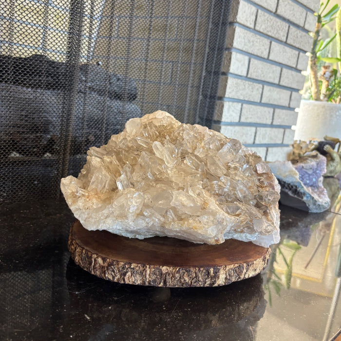 Clear Quartz Cluster Giant 31.5 Lbs Crystal Showpiece Wood Stand