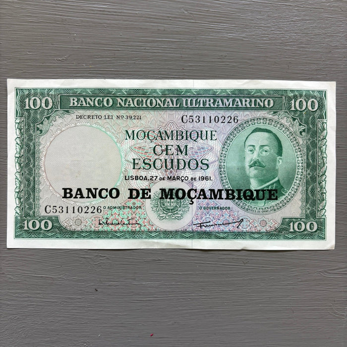 Vintage Banknote 1961 Mozambique 100 Escudos 1976 Overprint Rare Transition Note