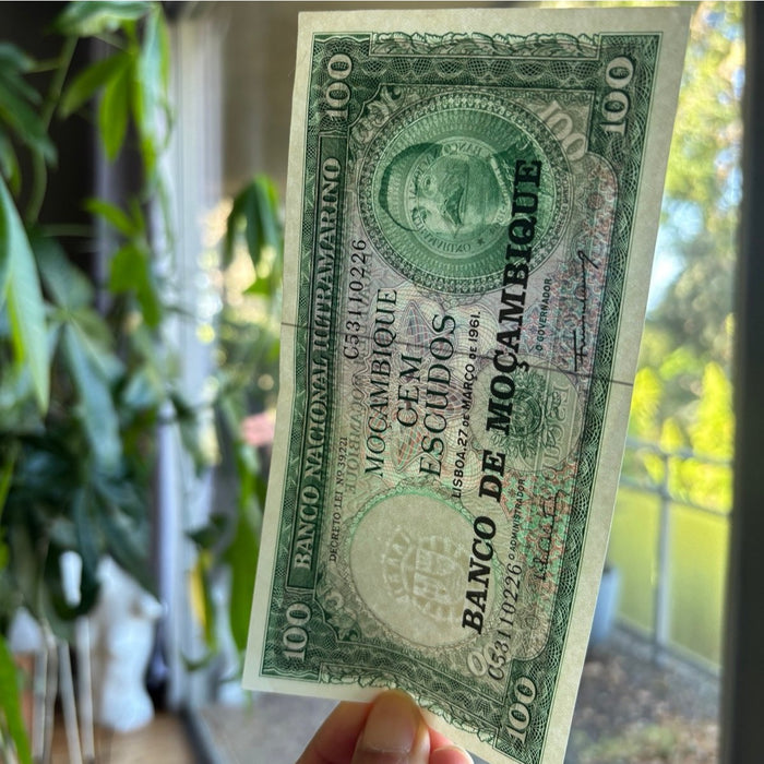 Vintage Banknote 1961 Mozambique 100 Escudos 1976 Overprint Rare Transition Note