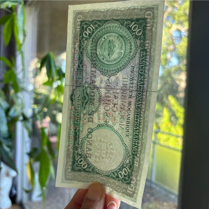 Vintage Banknote 1961 Mozambique 100 Escudos 1976 Overprint Rare Transition Note