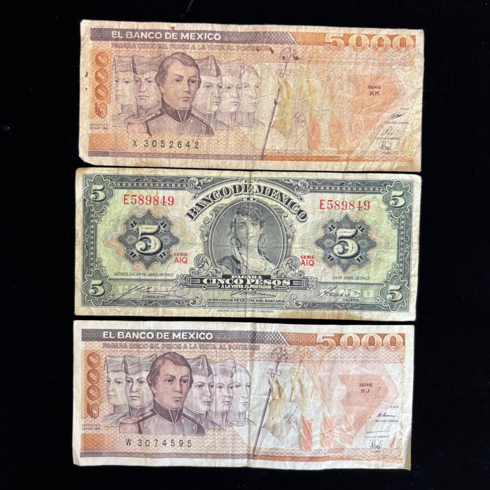 Vintage Banknote Lot Mexico 5, 5000 Pesos War Heroes Angel Independencia Set
