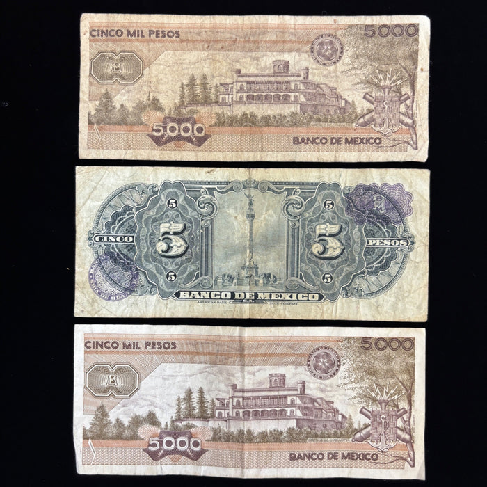 Vintage Banknote Lot Mexico 5, 5000 Pesos War Heroes Angel Independencia Set