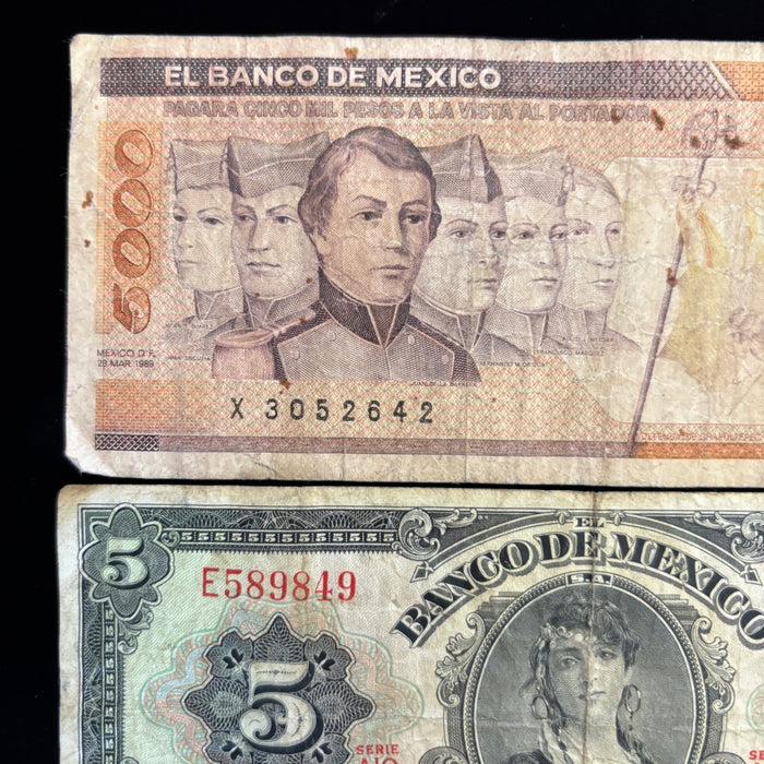 Vintage Banknote Lot Mexico 5, 5000 Pesos War Heroes Angel Independencia Set