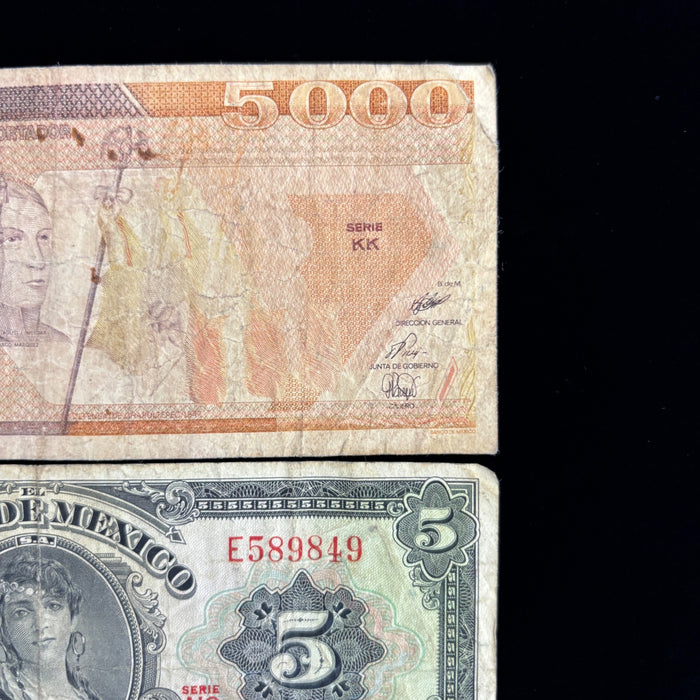 Vintage Banknote Lot Mexico 5, 5000 Pesos War Heroes Angel Independencia Set