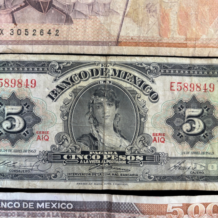 Vintage Banknote Lot Mexico 5, 5000 Pesos War Heroes Angel Independencia Set